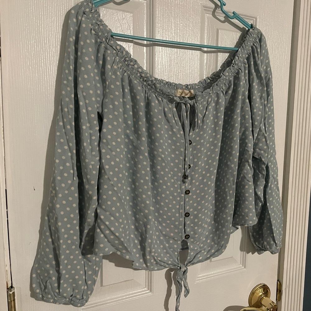 Rewind Light Blue Polka Dot Off-Shoulder Blouse